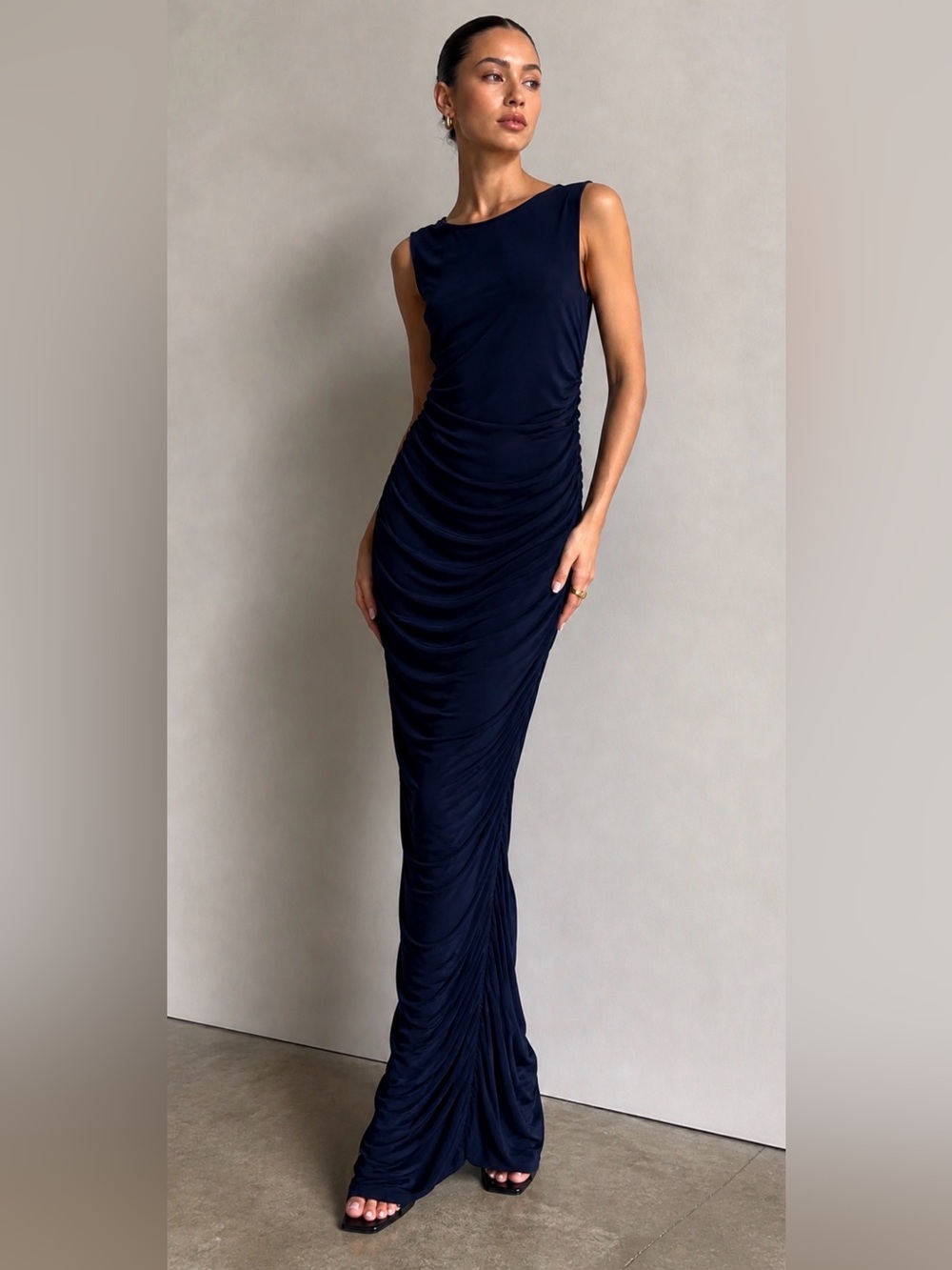 Norma Kamali Navy Ruched Sleeveless Maxi Dress